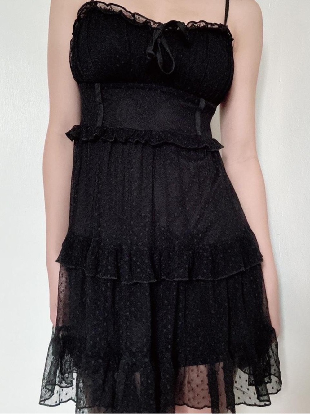 wild fable Black Spotted Ruffle Mini Dress with Bow